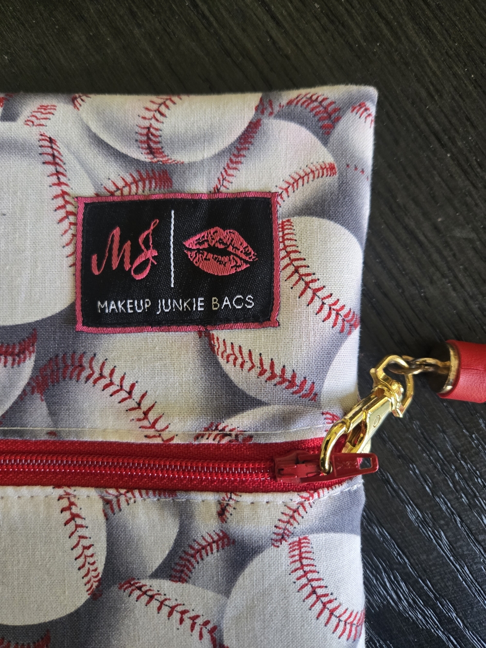 Makeup Junkie Bags Baseball Print Cosmetic Pouch - Red Trim - Picture 2 of 3